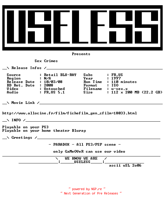NFO for the release SEX.CRIMES.1998.MULTI.BLURAY-USELESS by USELESS