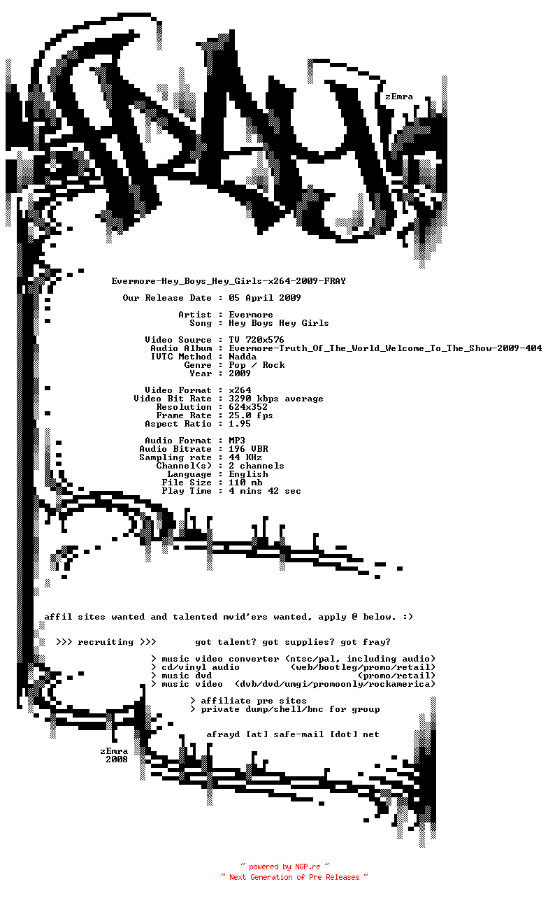 NFO for the release Evermore-Hey_Boys_Hey_Girls-x264-2009-FRAY by FRAY