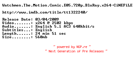NFO for the release Watchmen.The.Motion.Comic.E05.720p.BluRay.x264-CiNEFiLE by CiNEFiLE