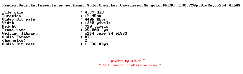 NFO for the release Rendez.Vous.En.Terre.Inconnue.Bruno.Solo.Chez.Les.Cavaliers.Mongols.FRENCH.DOC.720p.BluRay.x264-ATLAS by ATLAS