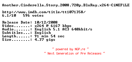 NFO for the release Another.Cinderella.Story.2008.720p.BluRay.x264-CiNEFiLE by CiNEFiLE