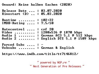 NFO for the release Onward.Keine.halben.Sachen.2020.German.DL.720p.BluRay.x264-COiNCiDENCE by COiNCiDENCE