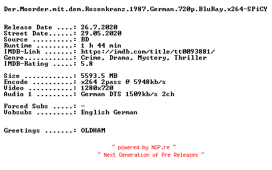 NFO for the release Der.Moerder.mit.dem.Rosenkranz.1987.German.720p.BluRay.x264-SPiCY by SPiCY