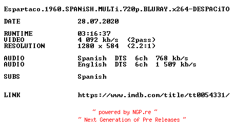 NFO for the release Espartaco.1960.SPANiSH.MULTi.720p.BLURAY.x264-DESPACiTO by DESPACiTO