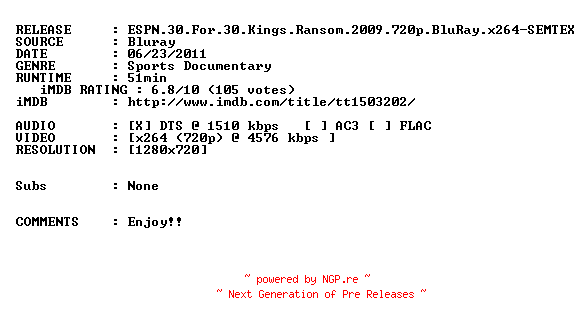 NFO for the release ESPN.30.For.30.Kings.Ransom.2009.720p.BluRay.x264-SEMTEX by SEMTEX