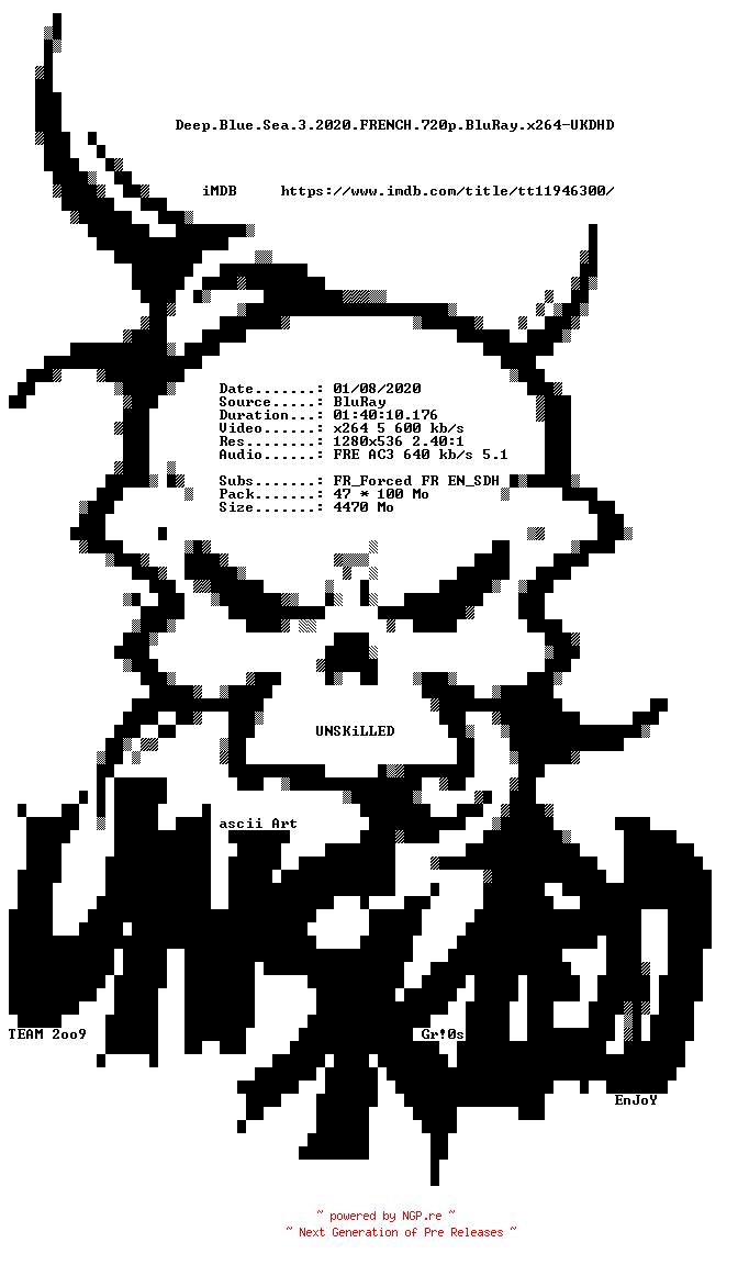 NFO for the release Deep.Blue.Sea.3.2020.FRENCH.720p.BluRay.x264-UKDHD by UKDHD