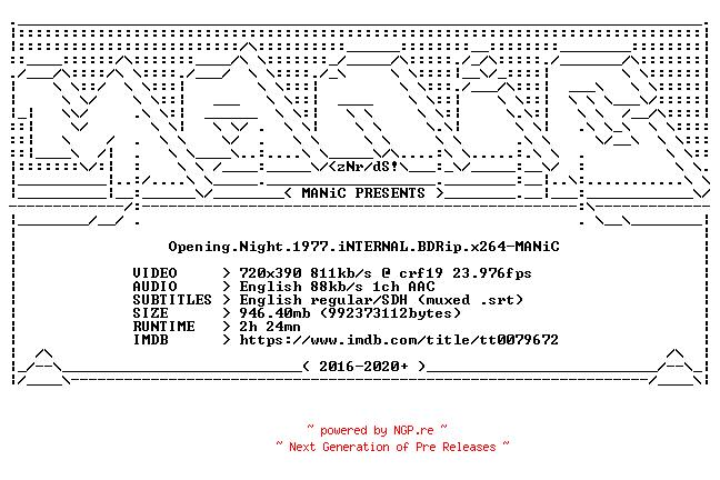 NFO for the release Opening.Night.1977.iNTERNAL.BDRip.x264-MANiC by MANiC