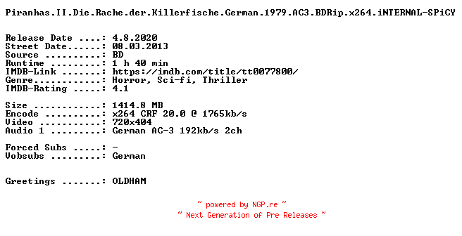 NFO for the release Piranhas.II.Die.Rache.der.Killerfische.German.1979.AC3.BDRip.x264.iNTERNAL-SPiCY by SPiCY