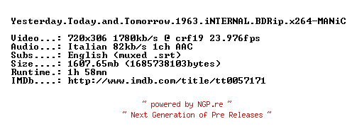NFO for the release Yesterday.Today.and.Tomorrow.1963.iNTERNAL.BDRip.x264-MANiC by MANiC