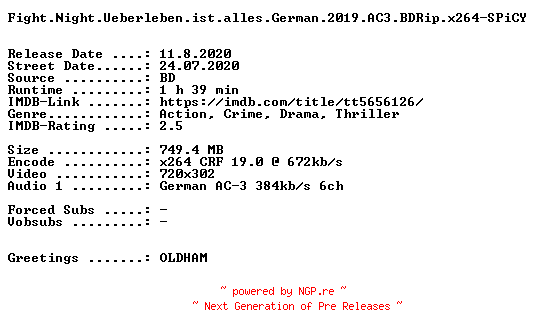 NFO for the release Fight.Night.Ueberleben.ist.alles.German.2019.AC3.BDRip.x264-SPiCY by SPiCY