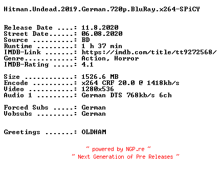 NFO for the release Hitman.Undead.2019.German.720p.BluRay.x264-SPiCY by SPiCY