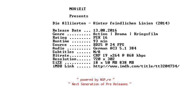 NFO for the release Die.Alliierten.Hinter.feindlichen.Linien.German.2014.AC3.BDRip.x264-MOViEiT by MOViEiT