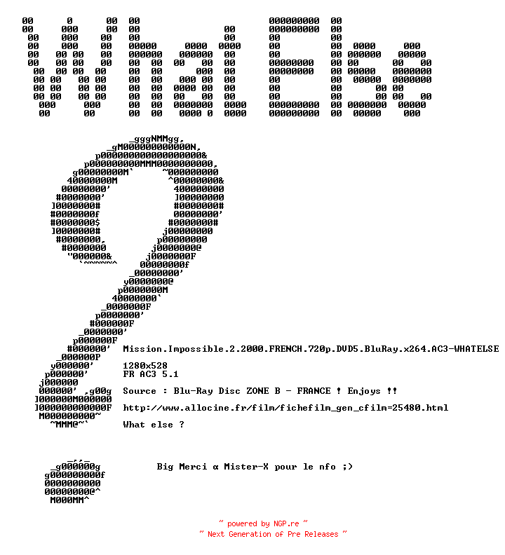 NFO for the release Mission.Impossible.2.2000.FRENCH.720p.DVD5.BluRay.x264.AC3-WHATELSE by WHATELSE