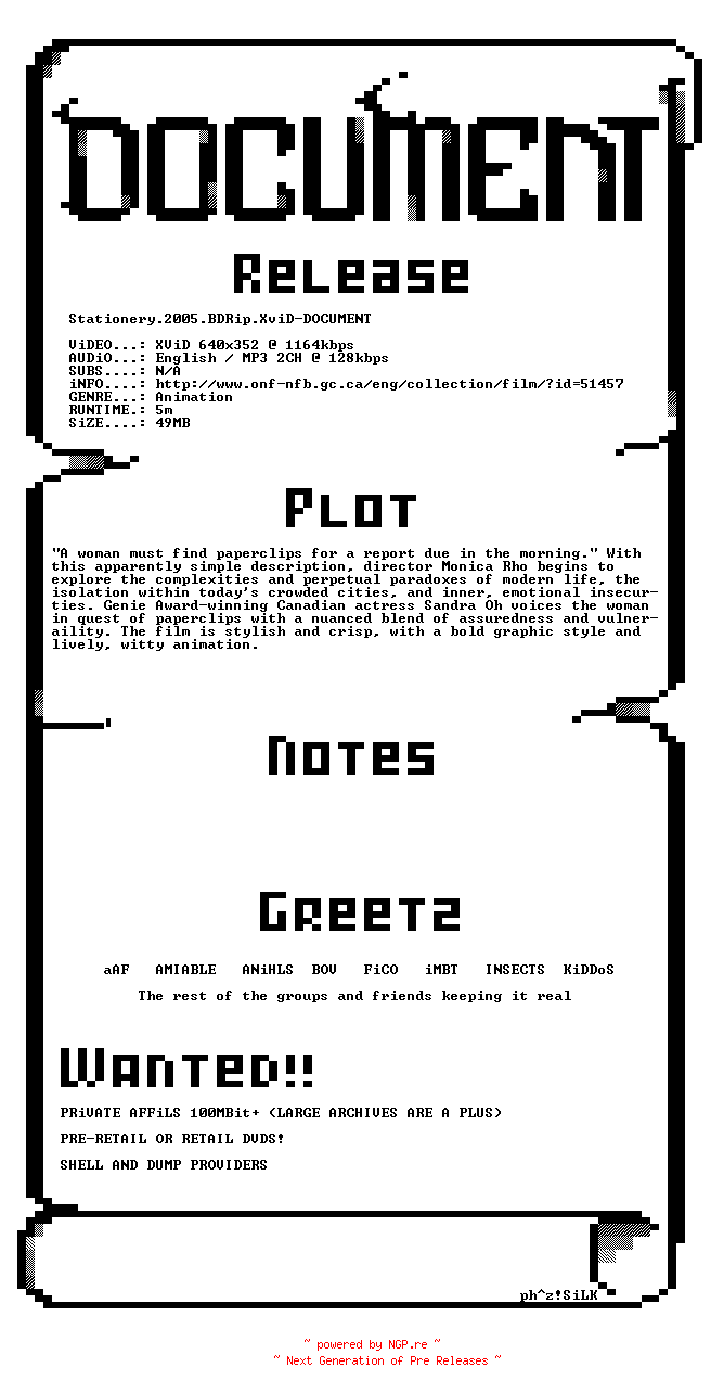 NFO for the release Stationery.2005.BDRip.XviD-DOCUMENT by DOCUMENT