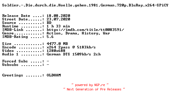 NFO for the release Soldier.-.Die.durch.die.Hoelle.gehen.1981.German.720p.BluRay.x264-SPiCY by SPiCY