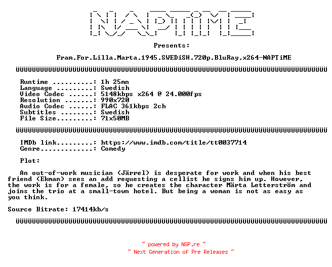 NFO for the release Fram.For.Lilla.Marta.1945.SWEDiSH.720p.BluRay.x264-NAPTiME by NAPTiME