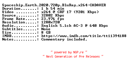 NFO for the release Spaceship.Earth.2020.720p.BluRay.x264-CADAVER by CADAVER