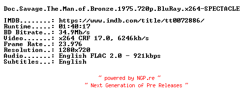 NFO for the release Doc.Savage.The.Man.of.Bronze.1975.720p.BluRay.x264-SPECTACLE by SPECTACLE