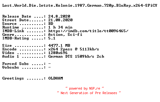 NFO for the release Lost.World.Die.letzte.Kolonie.1987.German.720p.BluRay.x264-SPiCY by SPiCY