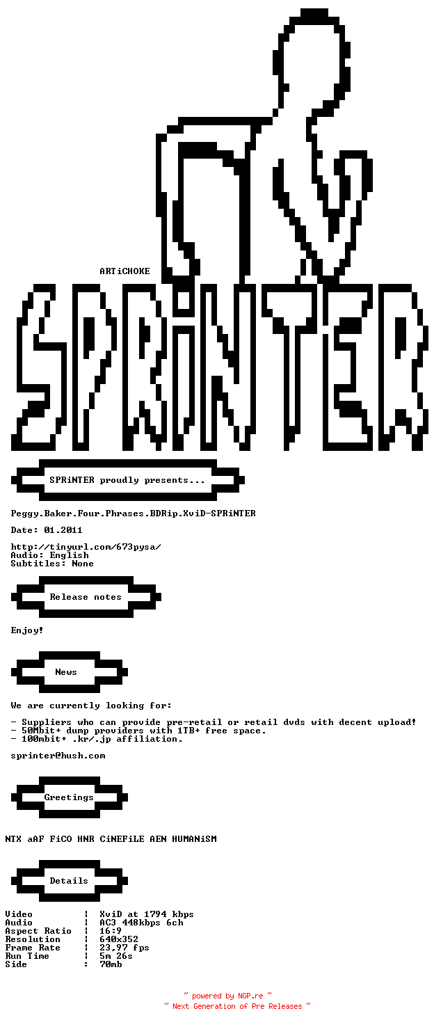 NFO for the release Peggy.Baker.Four.Phrases.2009.BDRip.XviD-SPRiNTER by SPRiNTER