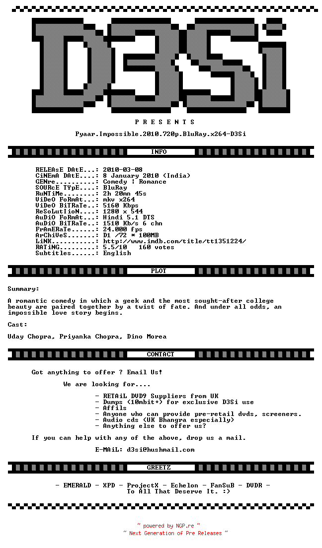 NFO for the release Pyaar.Impossible.2010.720p.BluRay.x264-D3Si by D3Si