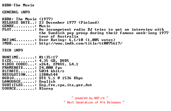 NFO for the release ABBA.The.Movie.HD.720p.BluRay.x264.1977.DUAL-ERyX by ERyX