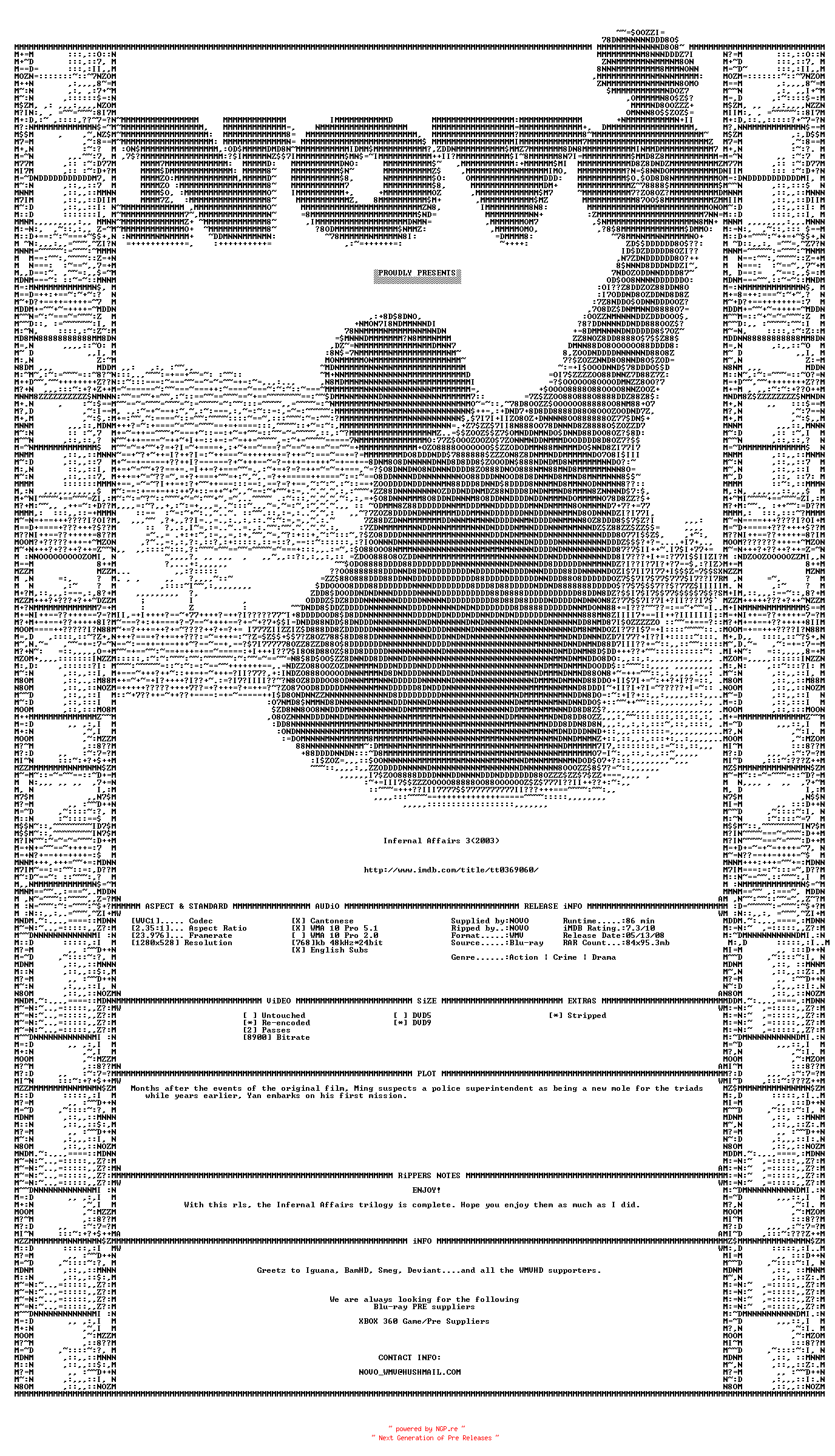 NFO for the release Infernal.Affairs.3.2003.Bluray.VC1.720p.5.1.WMV-NOVO by NOVO