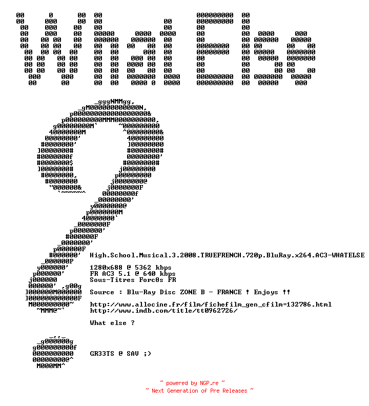 NFO for the release High.School.Musical.3.2008.TRUEFRENCH.720p.BluRay.x264.AC3-WHATELSE by WHATELSE