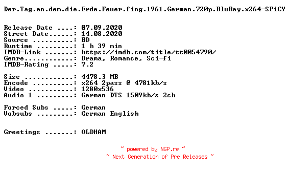 NFO for the release Der.Tag.an.dem.die.Erde.Feuer.fing.1961.German.720p.BluRay.x264-SPiCY by SPiCY