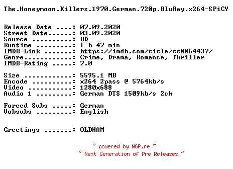 NFO for the release The.Honeymoon.Killers.1970.German.720p.BluRay.x264-SPiCY by SPiCY