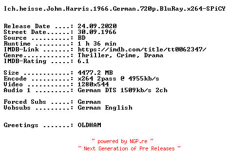 NFO for the release Ich.heisse.John.Harris.1966.German.720p.BluRay.x264-SPiCY by SPiCY