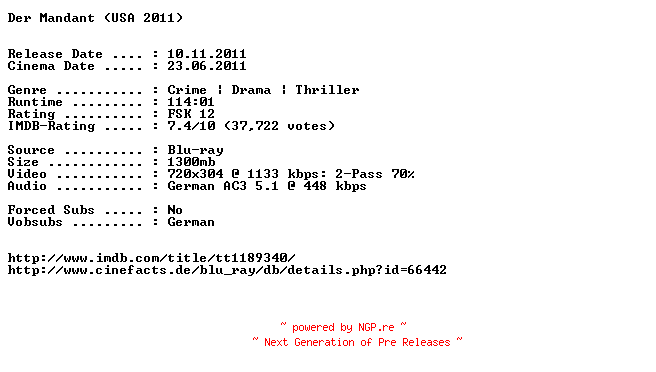 NFO for the release Der.Mandant.German.AC3.BDRip.XviD-EXQUiSiTE by EXQUiSiTE