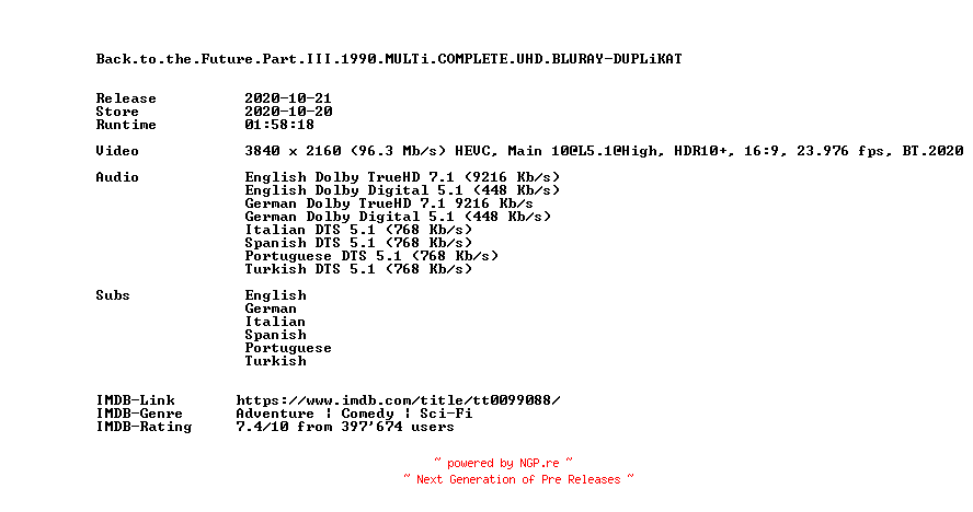 NFO for the release Back.to.the.Future.Part.III.1990.MULTi.COMPLETE.UHD.BLURAY-DUPLiKAT by DUPLiKAT