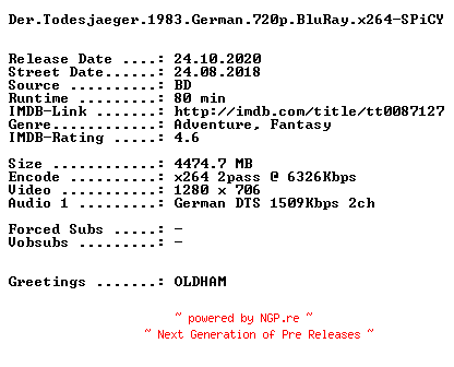 NFO for the release Der.Todesjaeger.1983.German.720p.BluRay.x264-SPiCY by SPiCY