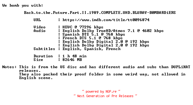 NFO for the release Back.to.the.Future.Part.II.1989.COMPLETE.UHD.BLURAY-B0MBARDiERS by B0MBARDiERS