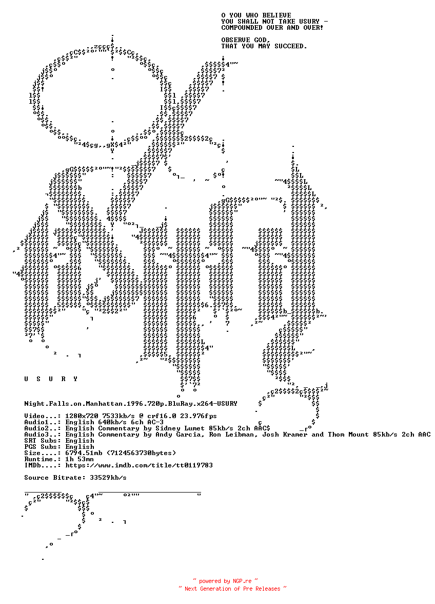 NFO for the release Night.Falls.on.Manhattan.1996.720p.BluRay.x264-USURY by USURY
