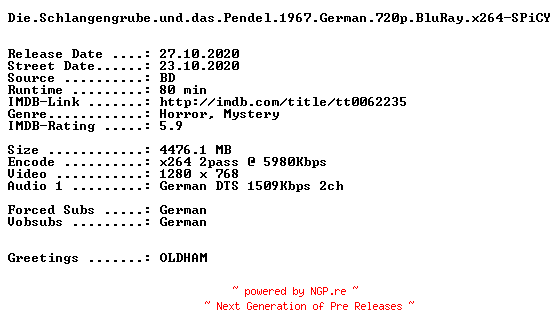 NFO for the release Die.Schlangengrube.und.das.Pendel.1967.German.720p.BluRay.x264-SPiCY by SPiCY