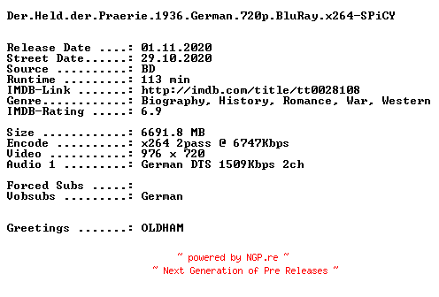 NFO for the release Der.Held.der.Praerie.1936.German.720p.BluRay.x264-SPiCY by SPiCY