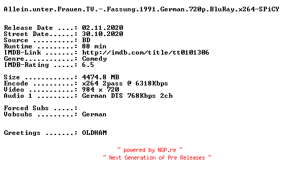 NFO for the release Allein.unter.Frauen.TV.-.Fassung.1991.German.720p.BluRay.x264-SPiCY by SPiCY