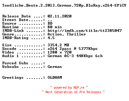NFO for the release Toedliche.Beute.2.2013.German.720p.BluRay.x264-SPiCY by SPiCY