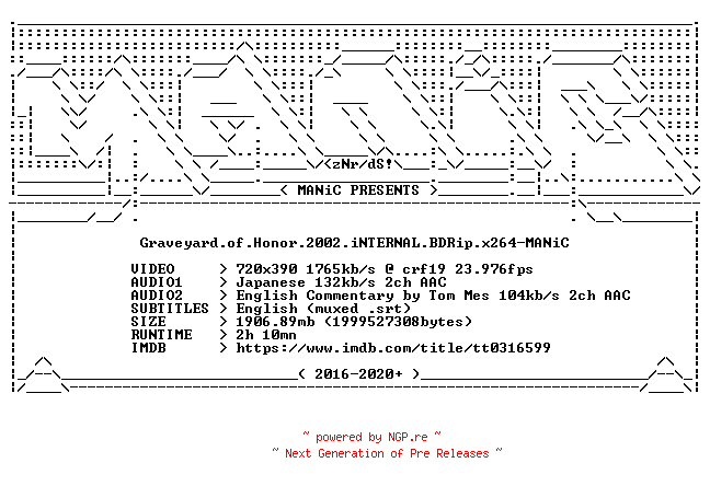 NFO for the release Graveyard.of.Honor.2002.iNTERNAL.BDRip.x264-MANiC by MANiC
