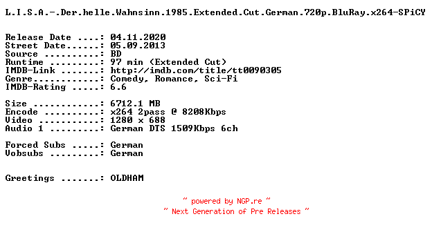 NFO for the release L.I.S.A.-.Der.helle.Wahnsinn.1985.Extended.Cut.German.720p.BluRay.x264-SPiCY by SPiCY