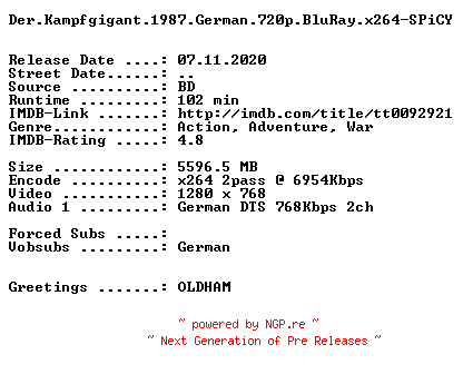 NFO for the release Der.Kampfgigant.1987.German.720p.BluRay.x264-SPiCY by SPiCY
