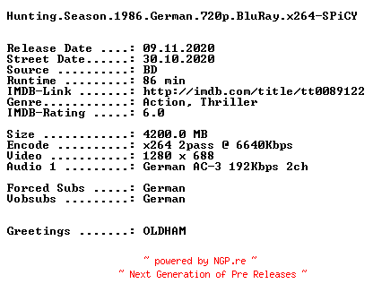 NFO for the release Hunting.Season.1986.German.720p.BluRay.x264-SPiCY by SPiCY