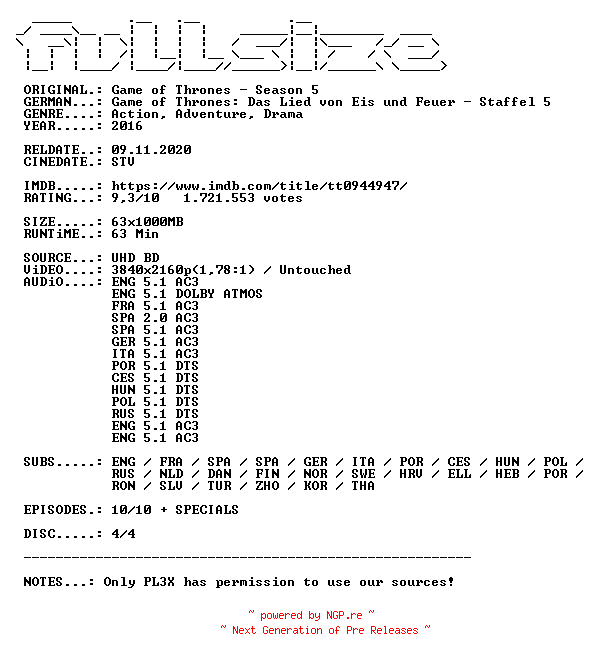 NFO for the release Game.of.Thrones.S05D04.MULTI.COMPLETE.UHD.BLURAY-FULLSiZE by FULLSiZE