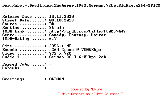 NFO for the release Der.Rabe.-.Duell.der.Zauberer.1963.German.720p.BluRay.x264-SPiCY by SPiCY