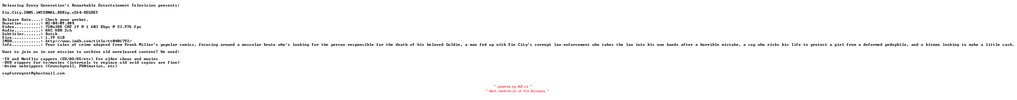 NFO for the release Sin.City.2005.iNTERNAL.BDRip.x264-REGRET by REGRET