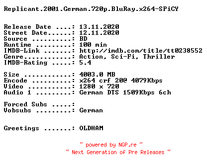 NFO for the release Replicant.2001.German.720p.BluRay.x264-SPiCY by SPiCY