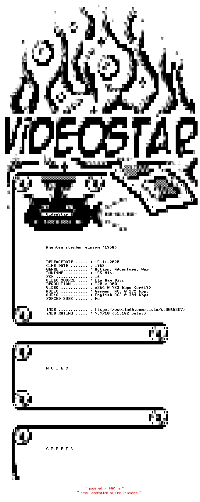 NFO for the release Agenten.sterben.einsam.German.DL.1968.AC3.BDRip.x264.iNTERNAL-VideoStar by VideoStar