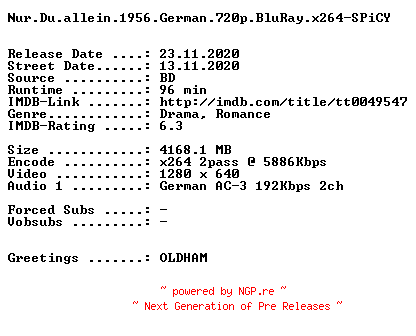 NFO for the release Nur.Du.allein.1956.German.720p.BluRay.x264-SPiCY by SPiCY